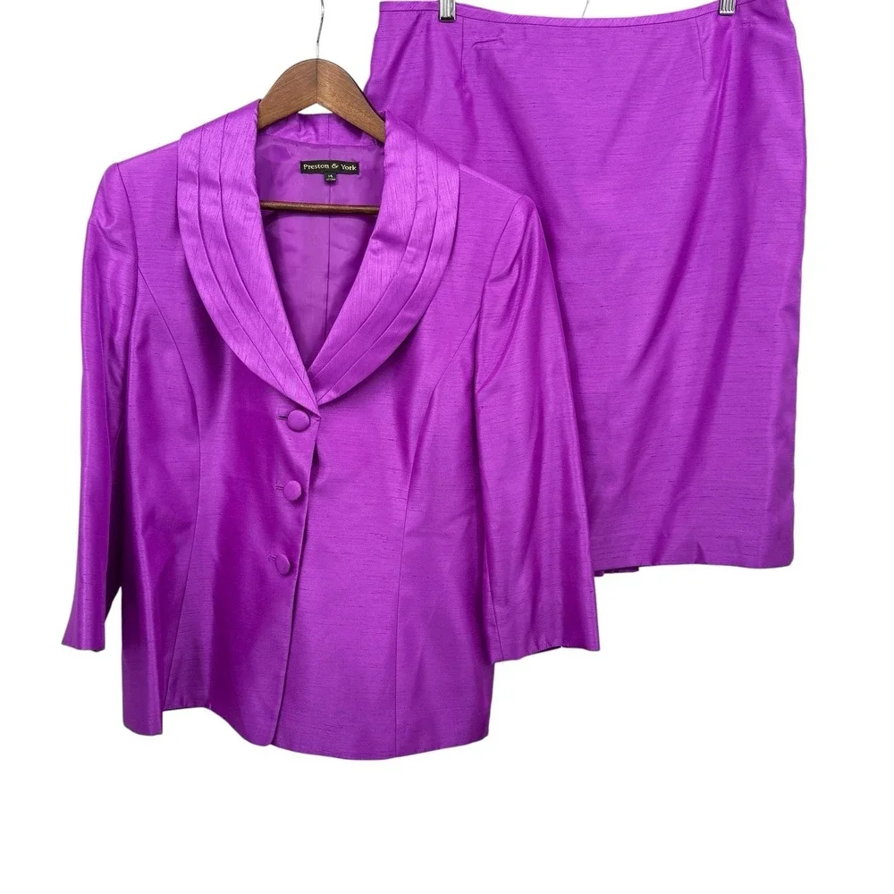 Preston & York 2 Pc Skirt Suit Set Women 14 Purple Passionfruit NWT Shawl Collar